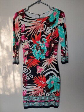 Cache Floral Tropical 3/4 Sleeve Stretch Jersey Mini Dress Size 2